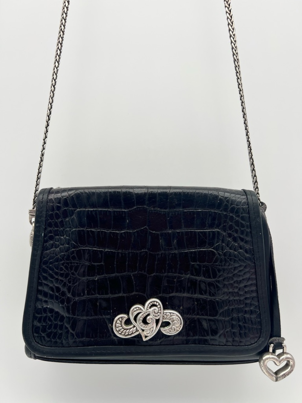 Brighton Black Croc Embossed Leather Bag Silver Chain Crossbody Strap Purse